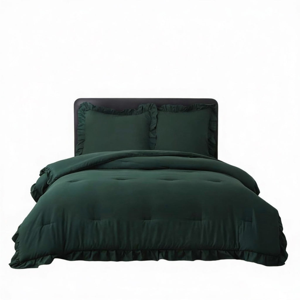 MEEALLHOME Parure de lit vintage à volants vert foncé - 1 housse 155 x 220 cm et 2 taies 80 x 80 cm