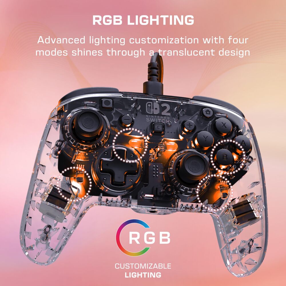 TURTLE BEACH Afterglow RGB Manette Filaire (USB) RGB - Joysticks à Effet Hall, Bouton C pour GameChat, 2 Boutons Arrière Programmables - Nintendo Switch 2, Switch & Switch OLED - Transparent