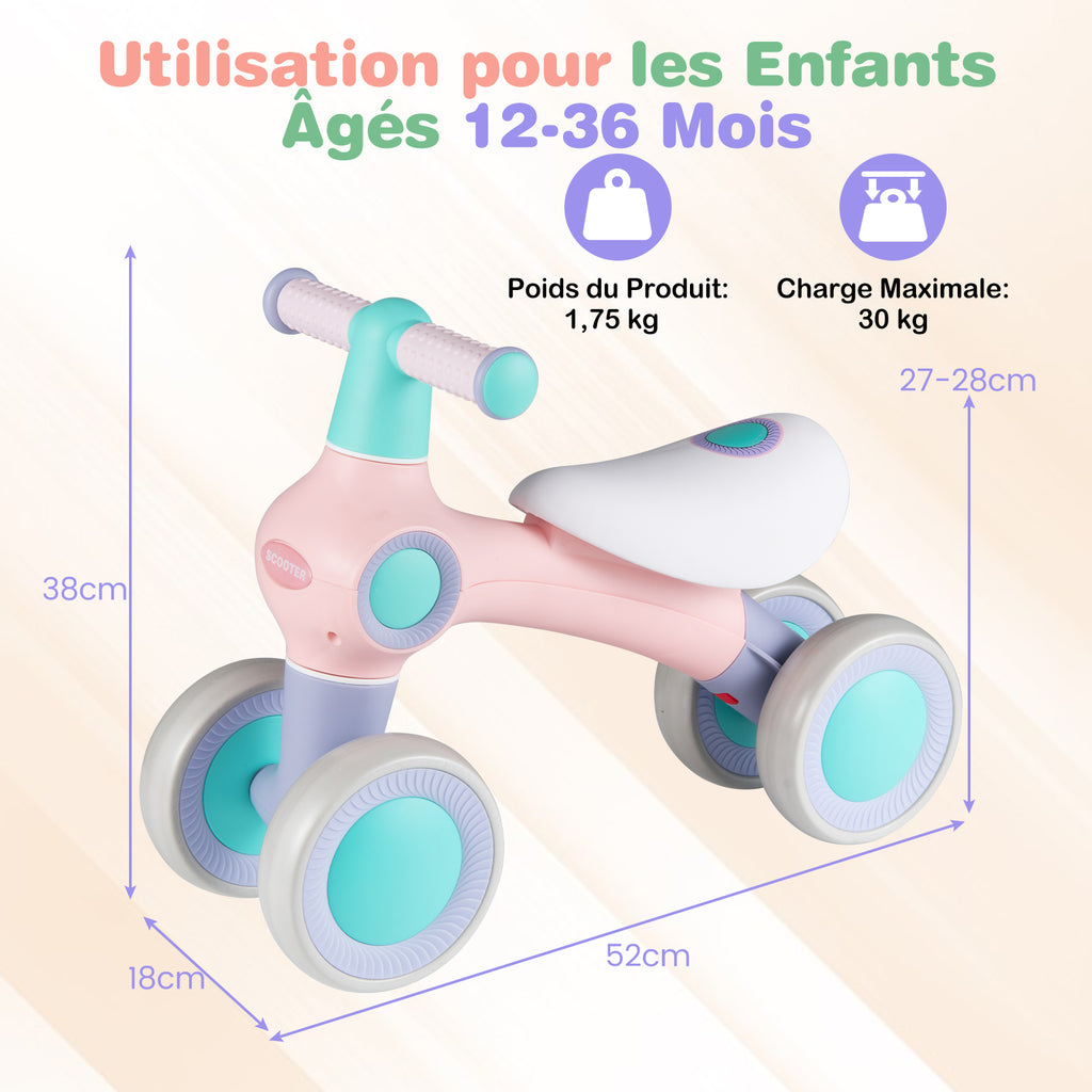 Draisienne pour bébé, siège rembourré réglable, 4 roues silencieuses, sans pédales, rose