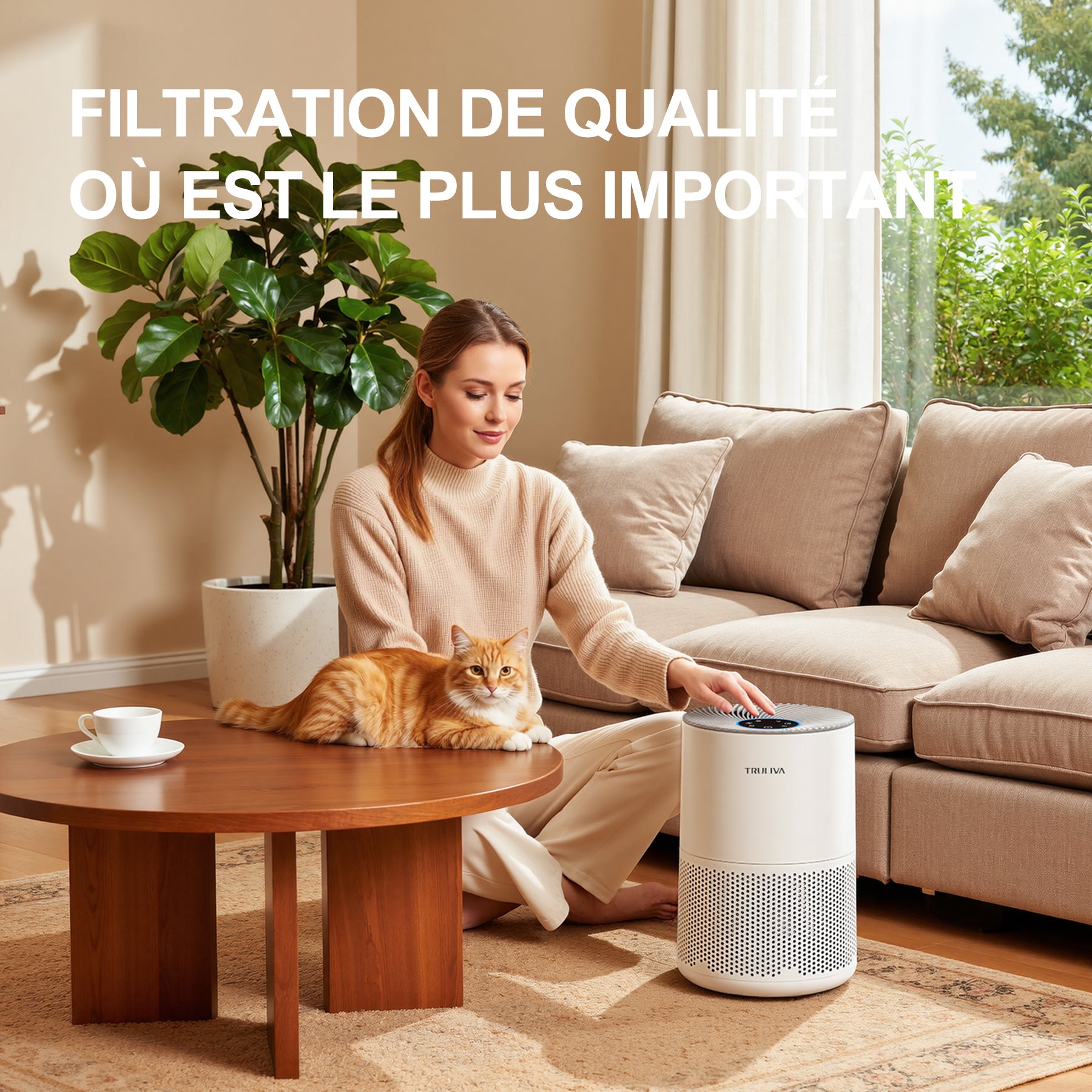TRULIVA KJ260 Purificateur d'air CADR 260 m³/h filtre HEPA 3 étapes minuterie 24 h mode sommeil capteur de qualité de l'air pour PM2,5 fumée pollen acariens et polluants