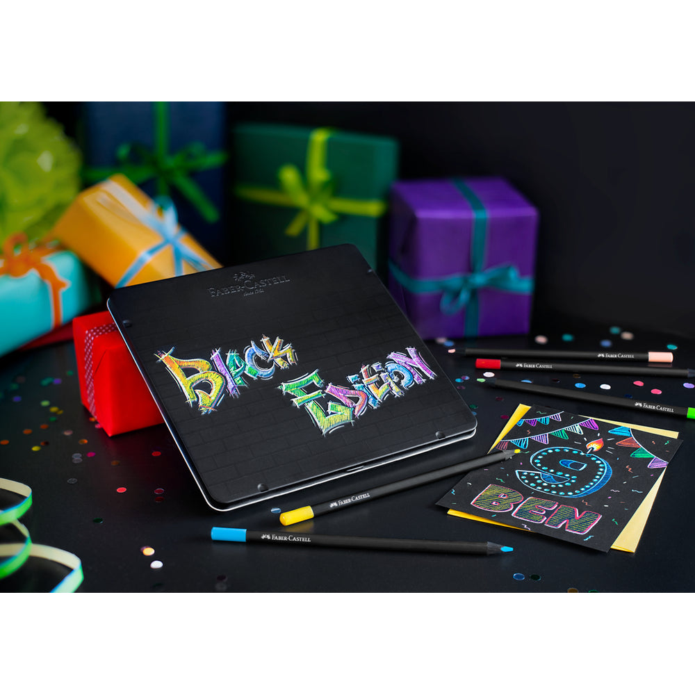 Faber-Castell Boîte en métal de 24 crayons de couleur Black Edition