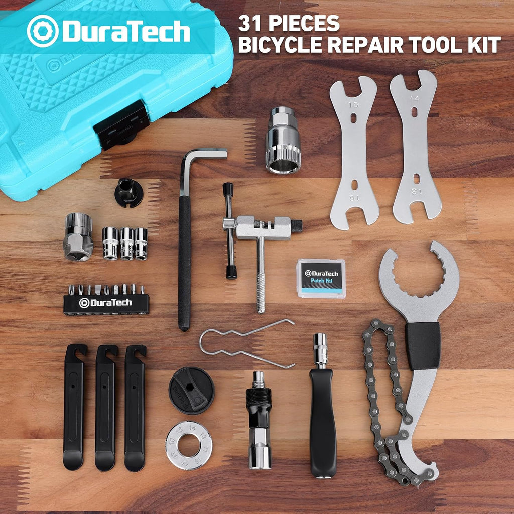 Kit de réparation de vélo 31 pièces avec mallette de rangement, kit d'entretien de vélo, outils de réparation de pneus et de chaîne, boîte à outils portable