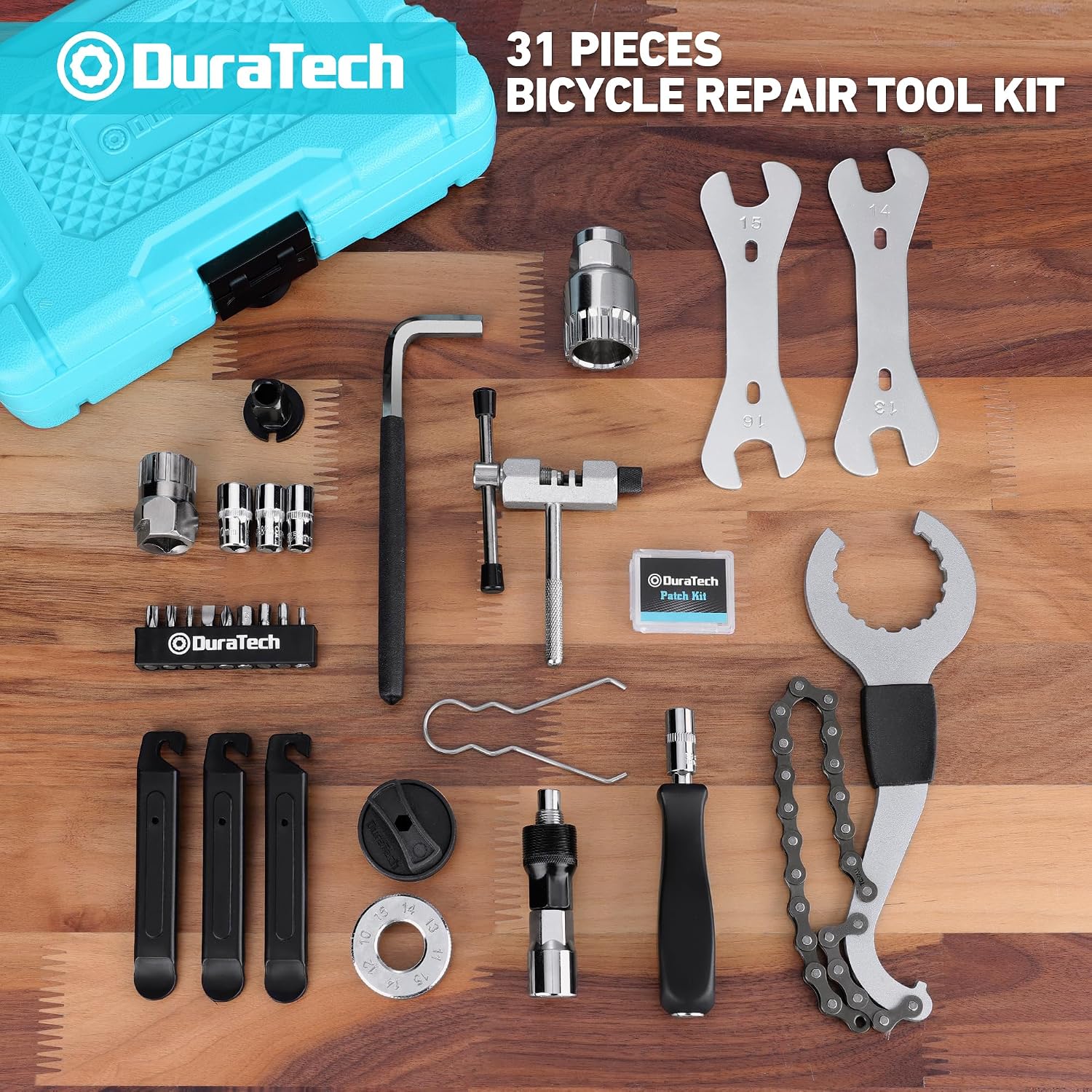 Kit de réparation de vélo 31 pièces avec mallette de rangement, kit d'entretien de vélo, outils de réparation de pneus et de chaîne, boîte à outils portable