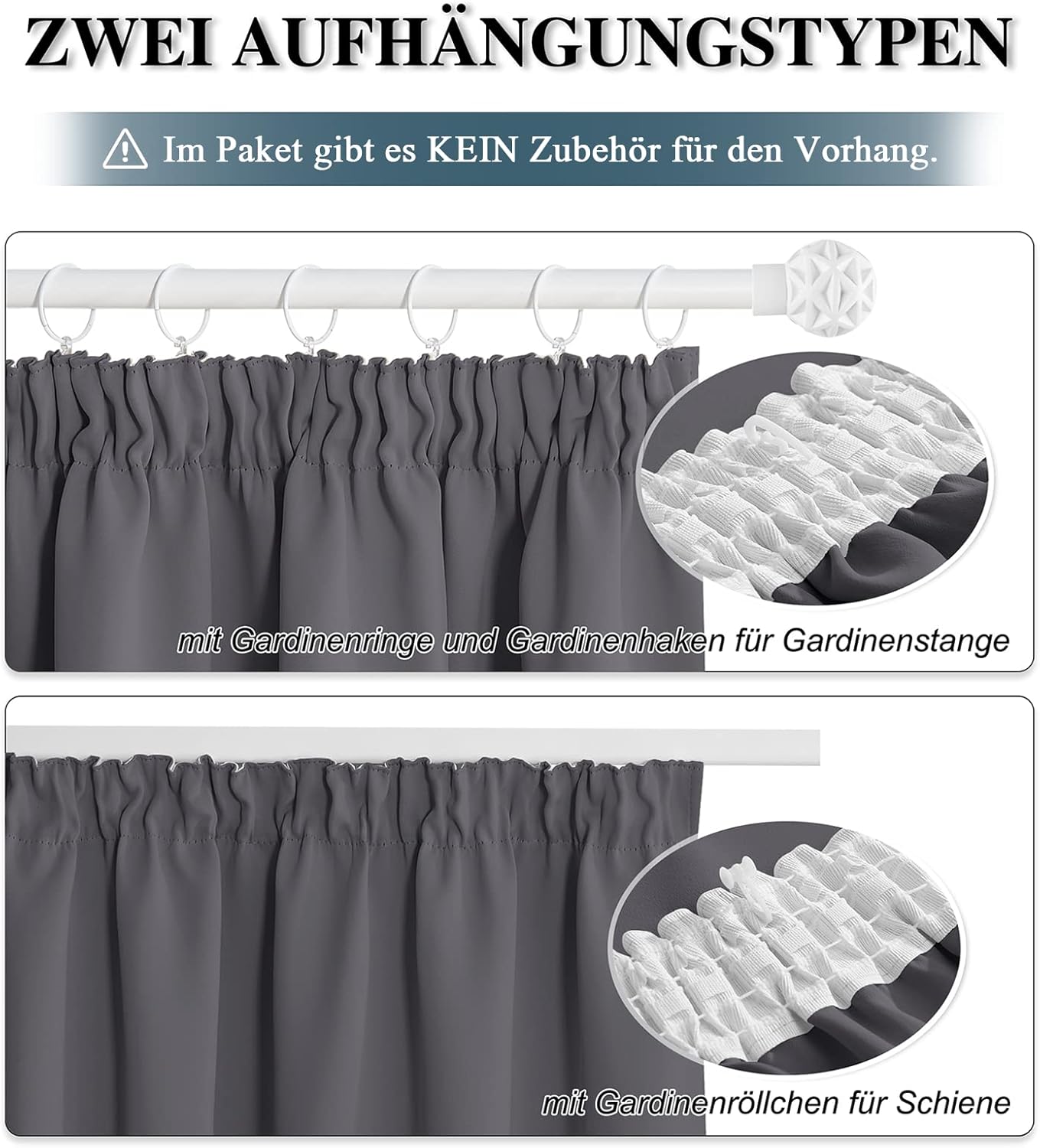 PONY DANCE Store occultant plis crayon, lot de 2, W 140 x H 245 cm (W 55 x H 96 pouces), gris