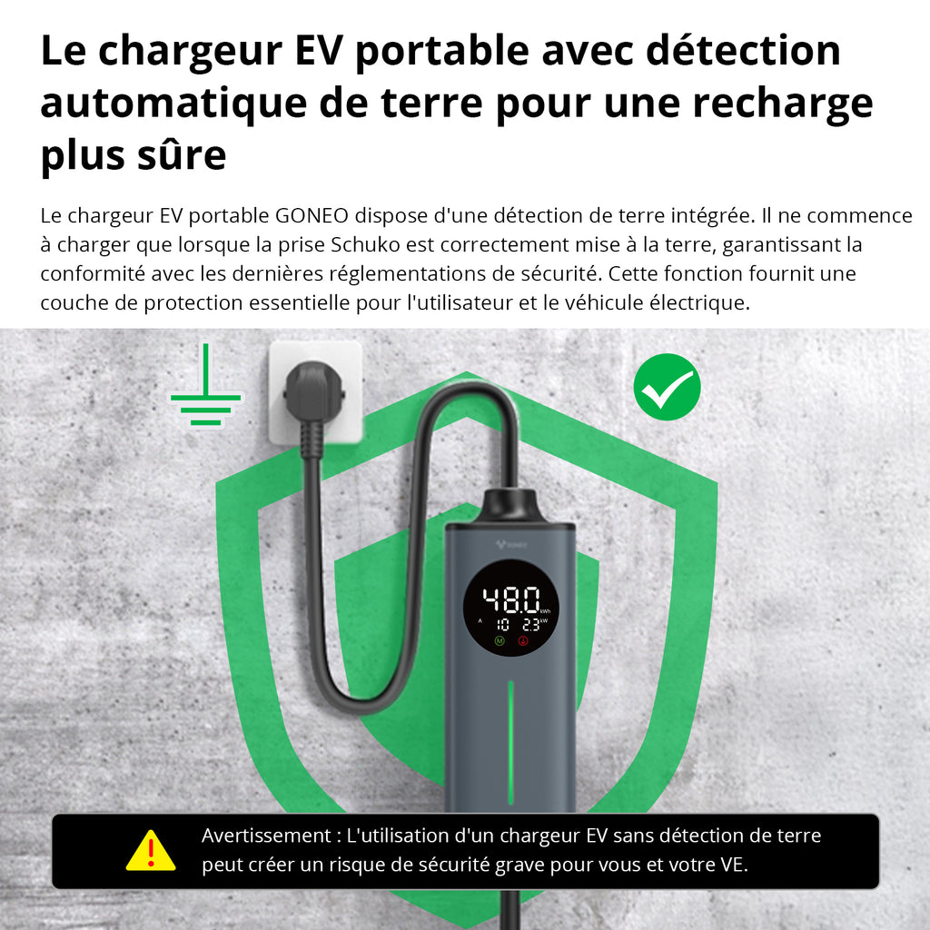 GONEO Chargeur de voiture électrique portable Type 2, prise Schuko 16 A 3,68 kW 10 m avec disjoncteur différentiel 30 mA + 6 mA, protection DC, minuterie et économie d'énergie