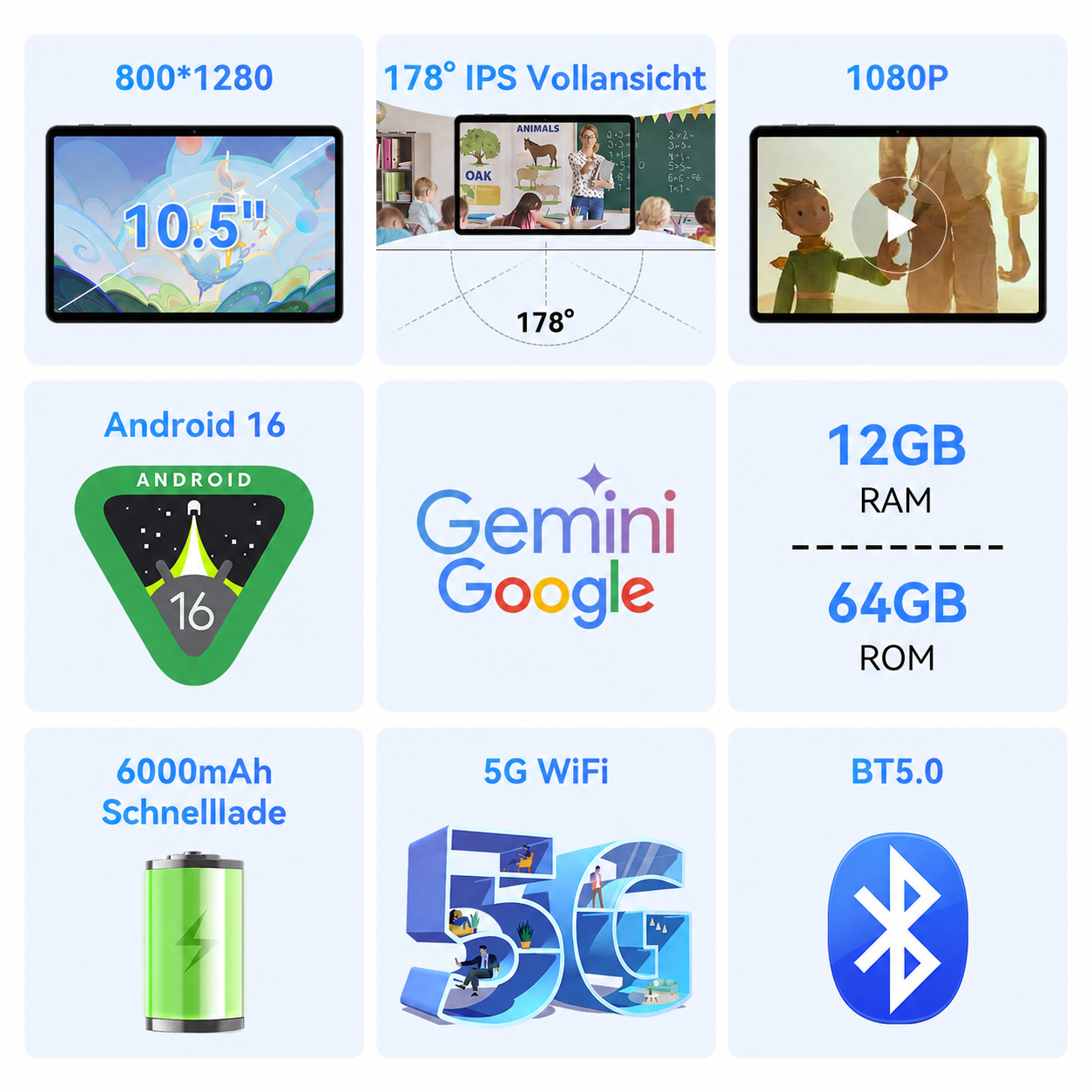 TABWEE T80 Tablette Android 16, 10,5 pouces, 12 Go (4 + 8) de RAM + 64 Go de ROM, résolution de 1280 x 800 pixels
