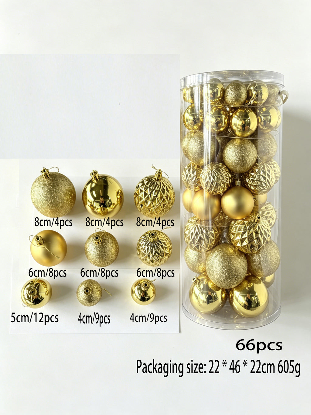 Ju7cer 66 boules de Noël dorées, mini boules de Noël en plastique incassable 4-8 cm, 4 tailles différentes de boules de Noël, convient pour la décoration intérieure et extérieure des fêtes de Noël