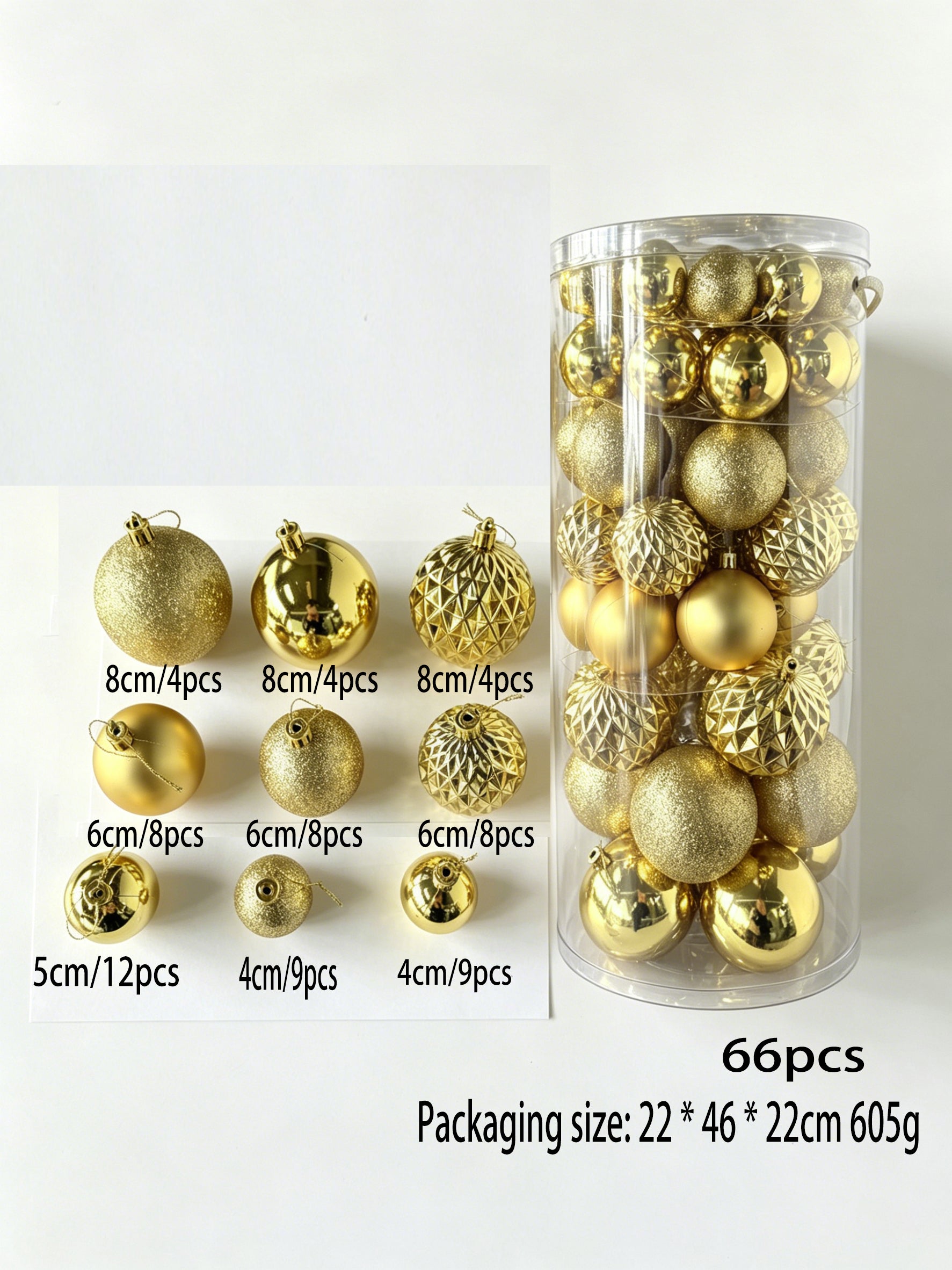 Ju7cer 66 boules de Noël dorées, mini boules de Noël en plastique incassable 4-8 cm, 4 tailles différentes de boules de Noël, convient pour la décoration intérieure et extérieure des fêtes de Noël