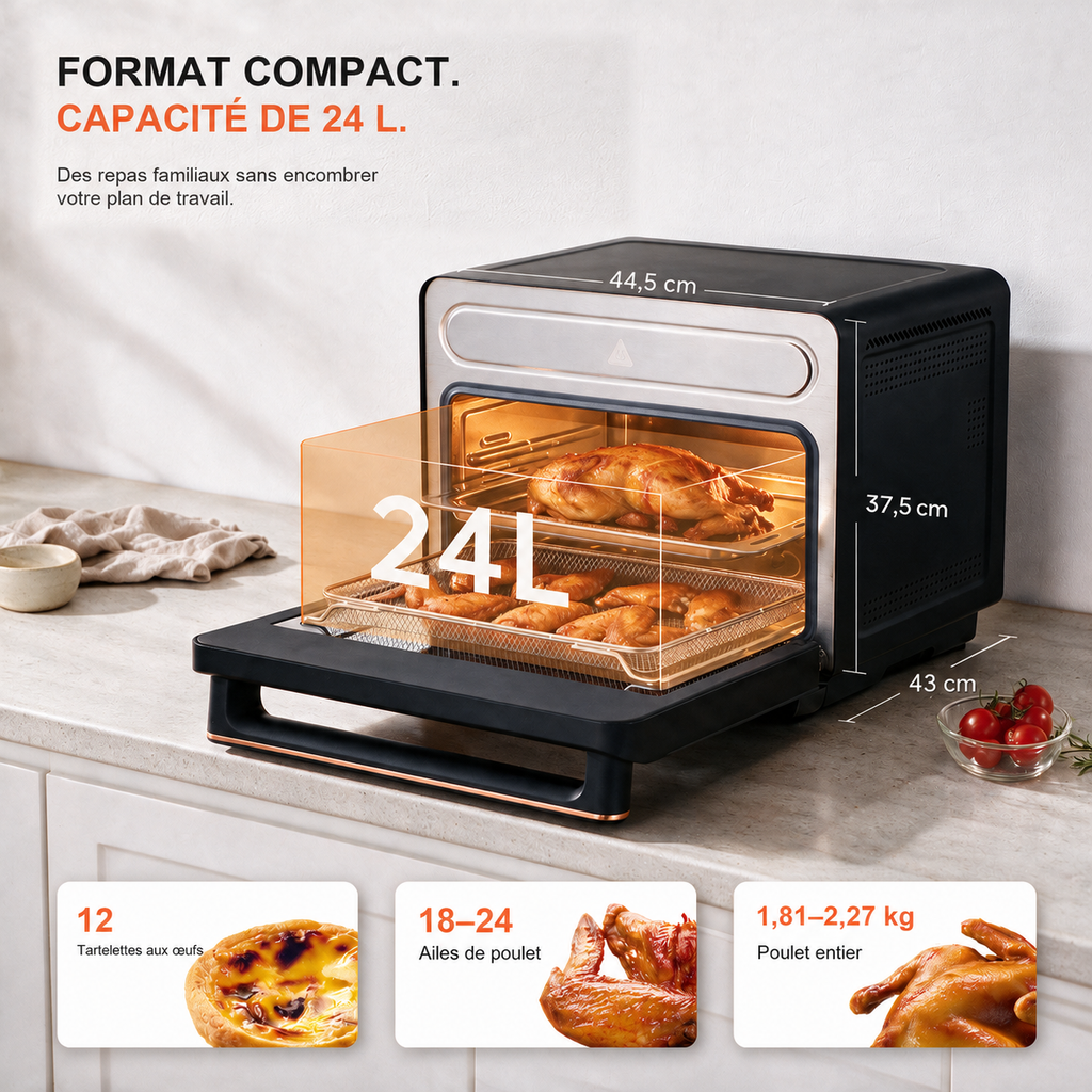 Four combiné vapeur OUNIN 24 L, four de comptoir 10-en-1 avec fonction friteuse à air, cuisson vapeur (pâtisserie et rôtissage), rôtissoire, réservoir d'eau de 1 L et intérieur en acier inoxydable 304