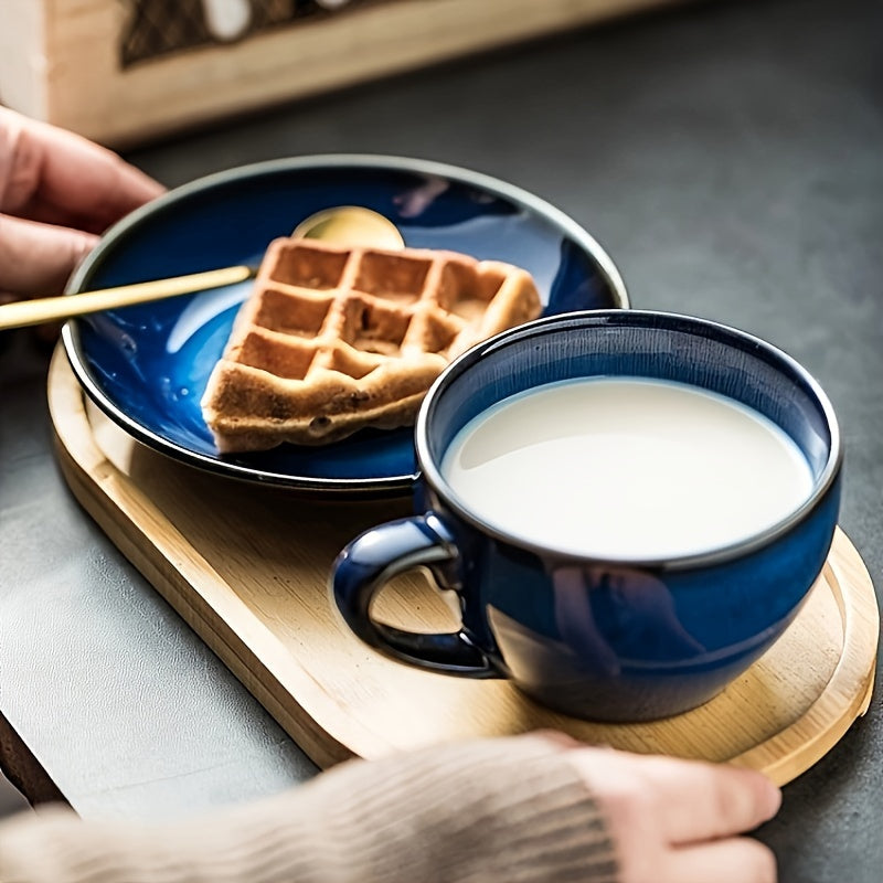 YumiPLUS Mug à café bleu rétro avec soucoupe, lot de 1