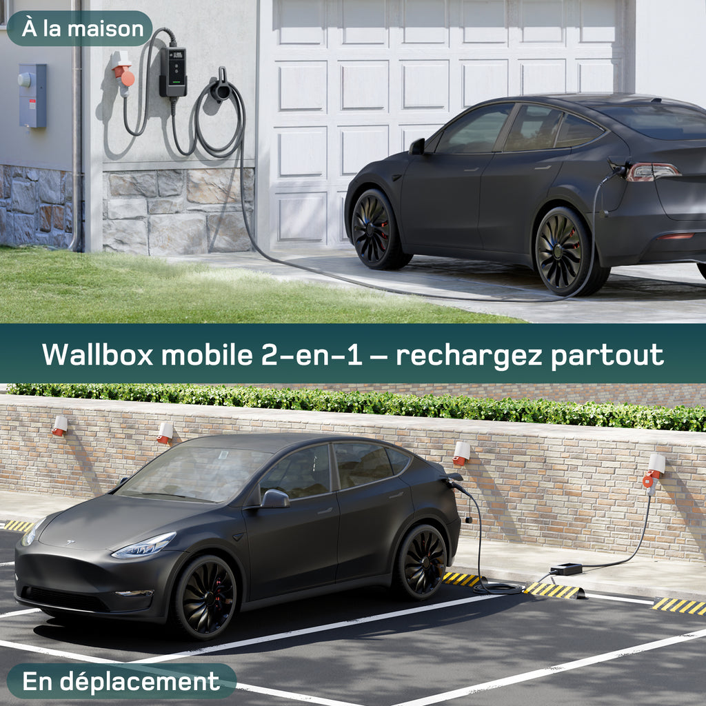 dé Borne de recharge murale mobile 22 kW avec application, Triphasée 7 m 6-32 A, Câble de recharge CEE 32 A vers Type 2, Chargeur pour véhicules électriques et hybrides rechargeables