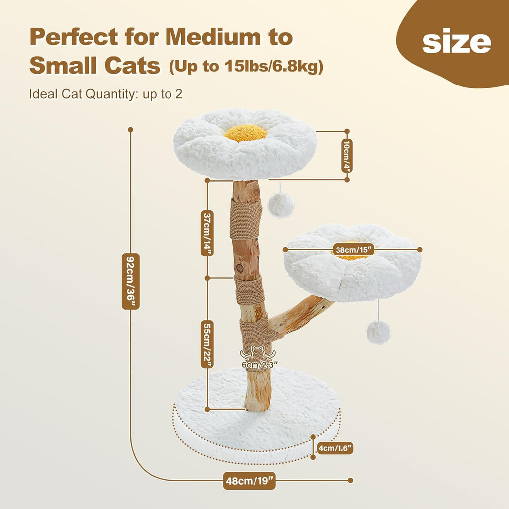 PAWZ Road Arbre à chat fleuri en bois et griffoir 50 cm Bois naturel Blanc nuage