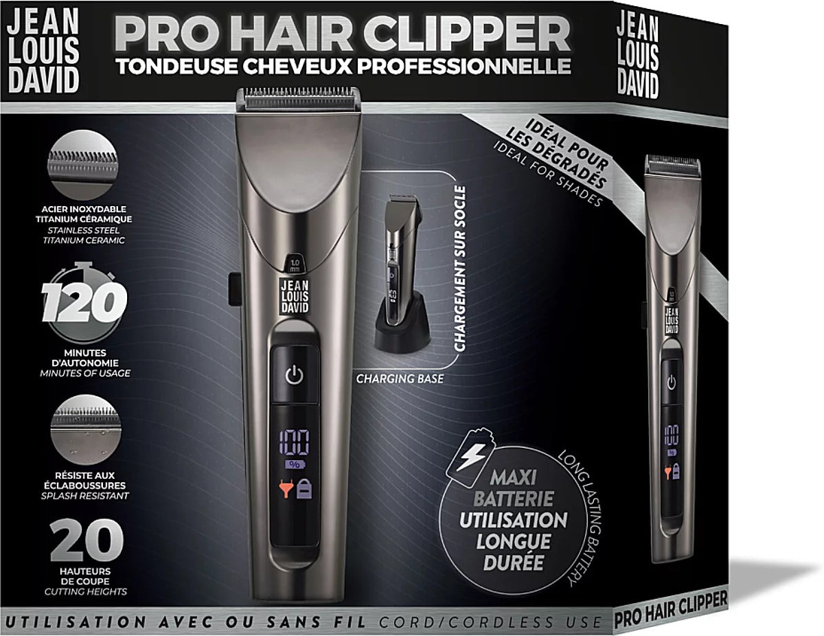 JEAN LOUIS DAVID - Pro Hair Clipper - Tondeuse à cheveux - 20 hauteurs de coupe - Batterie Lithium-Ion - Autonomie de 2 heures - Gris
