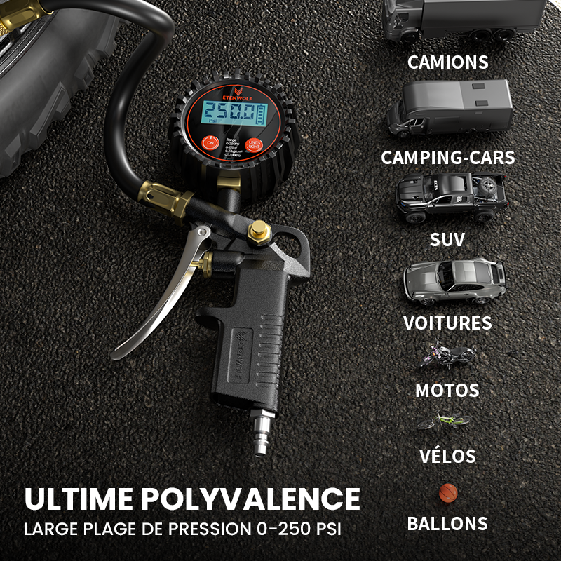 ETENWOLF T500 Manomètre numérique pour pneus avec gonfleur 0-250 PSI, calibré selon ANSI B40.7 grade 2A, embout à air et accessoires pour compresseur avec sac de rangement - Noir