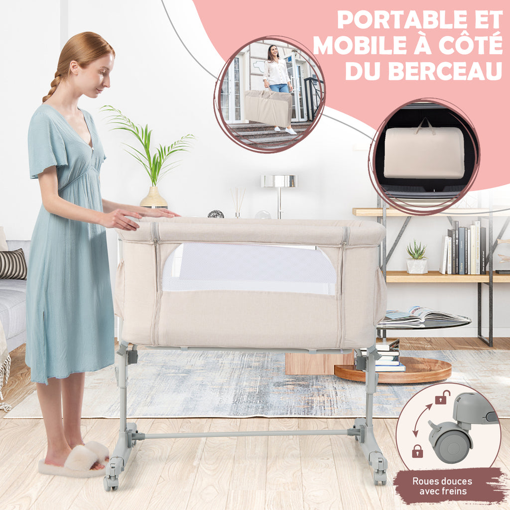 Berceau de chevet portable pour bébé avec 5 hauteurs réglables et sac de voyage - Beige