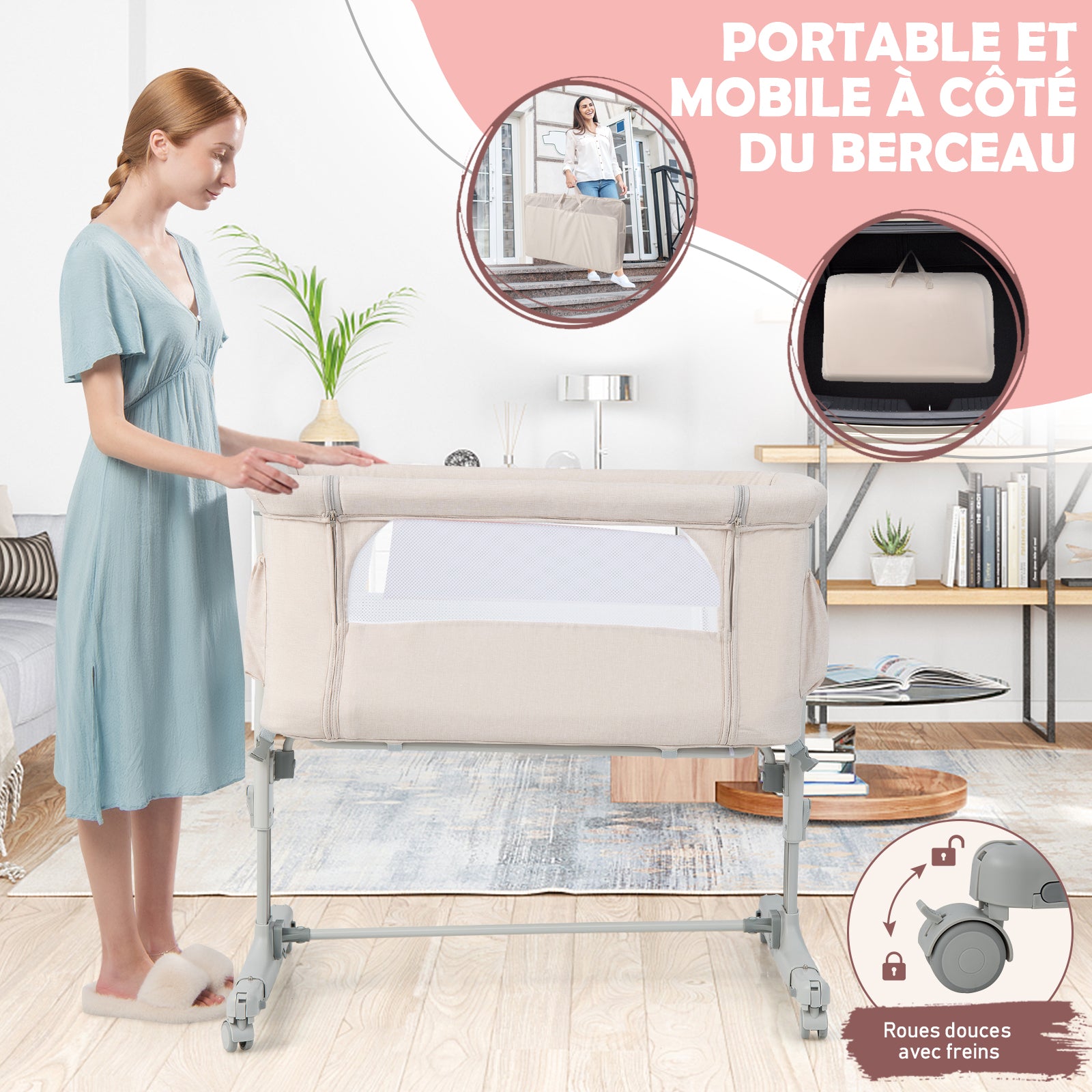 Berceau de chevet portable pour bébé avec 5 hauteurs réglables et sac de voyage - Beige