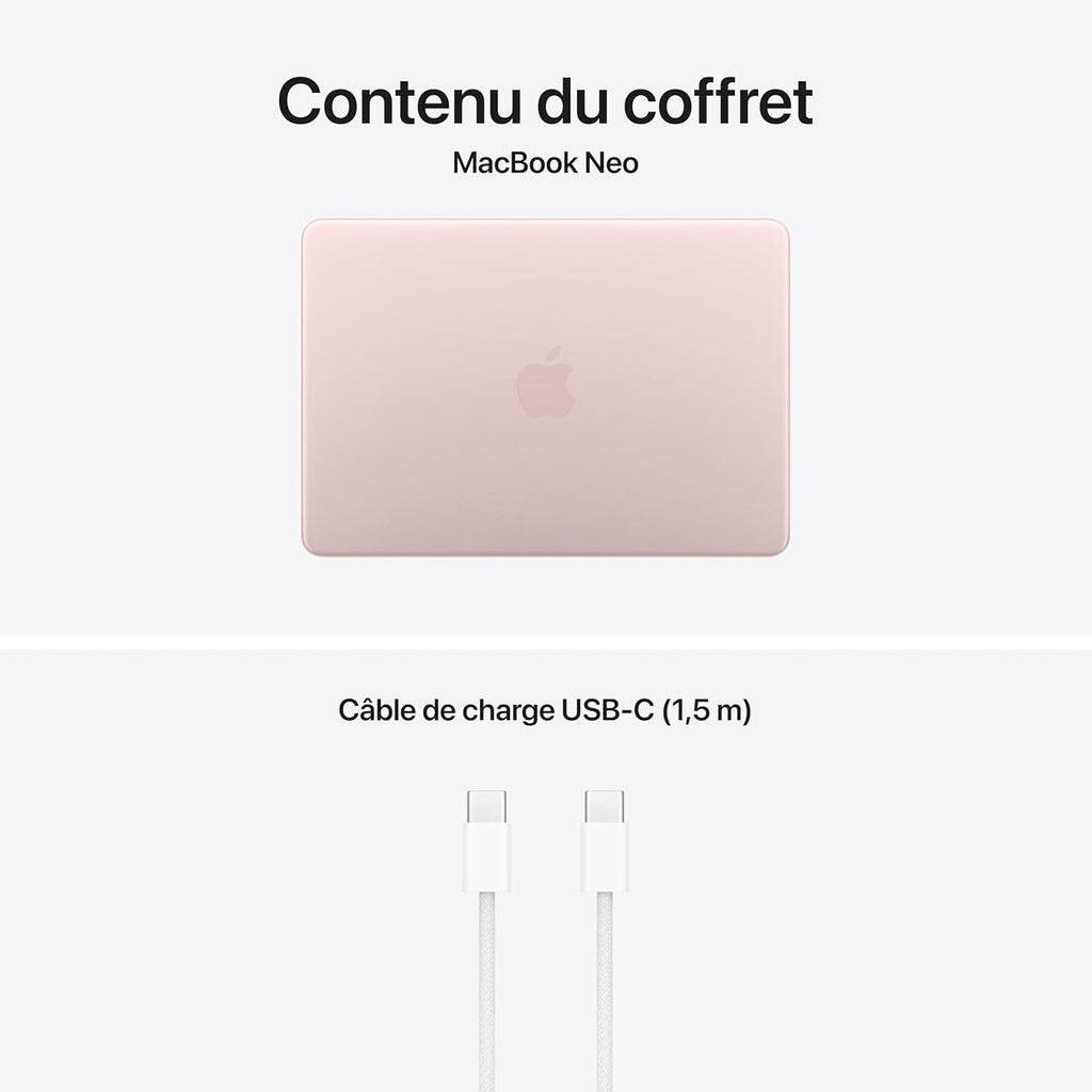 Apple MacBook Neo 13 pouces, Mémoire vive 8 Go, SSD 512 Go, Puce A18 Pro, Processeur 6 cœurs, Processeur graphique 5 cœurs, Touch ID, Rose poudré, AZERTY