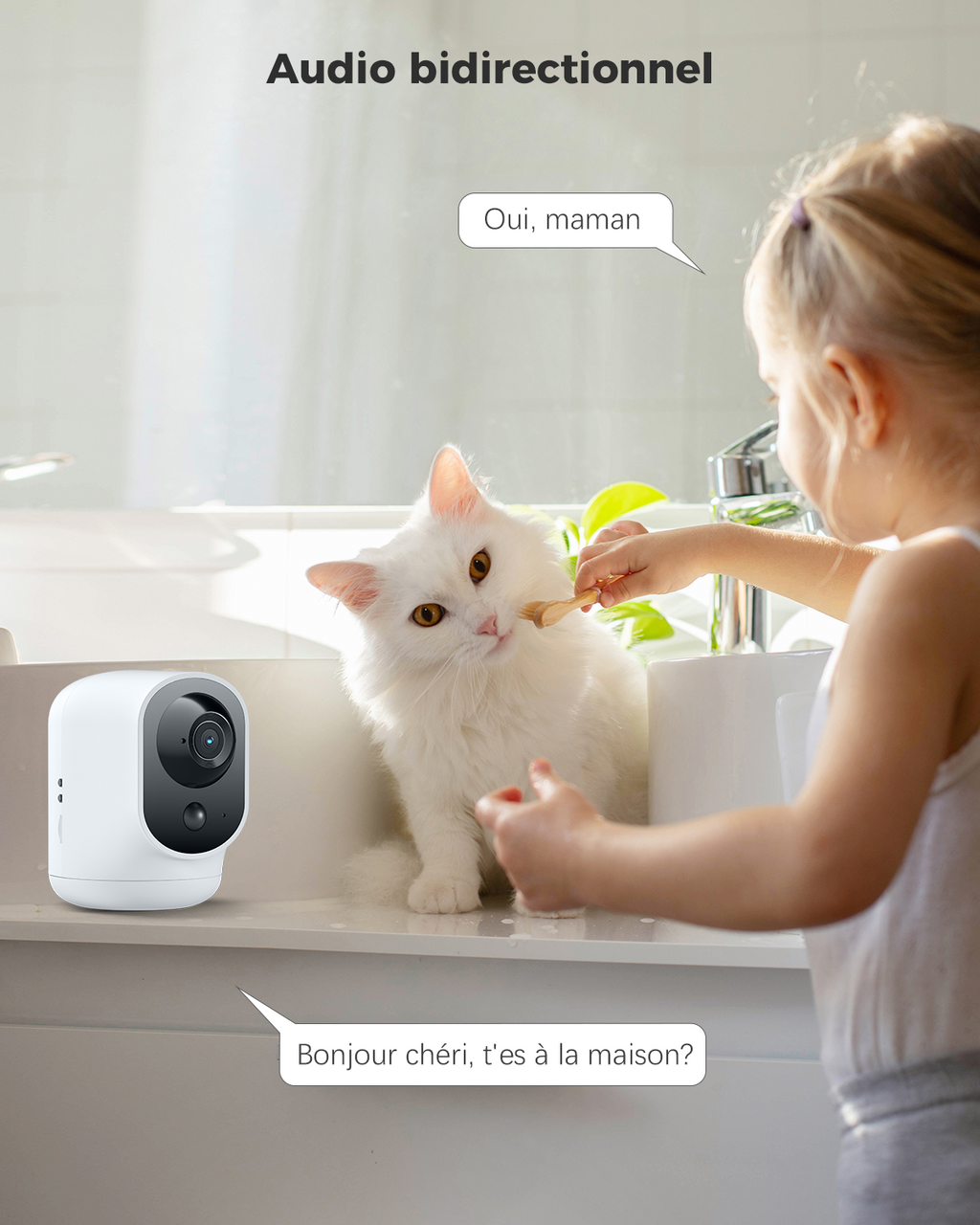 COCOCAM Caméra de sécurité intérieure 2K Wi-Fi panoramique et inclinable avec batterie 5200 mAh sans fil, reconnaissance IA, détection humaine PIR, compatible Alexa, 2,4 GHz