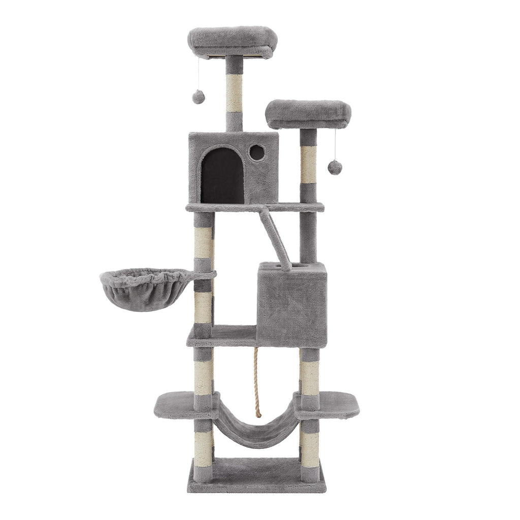 JOYFURNOS Arbre à chat, grande tour pour chat de 168 cm avec 13 poteaux à griffer, 1 rampe à griffer, 2 perchoirs, 2 niches, panier, hamac, pompons, gris clair