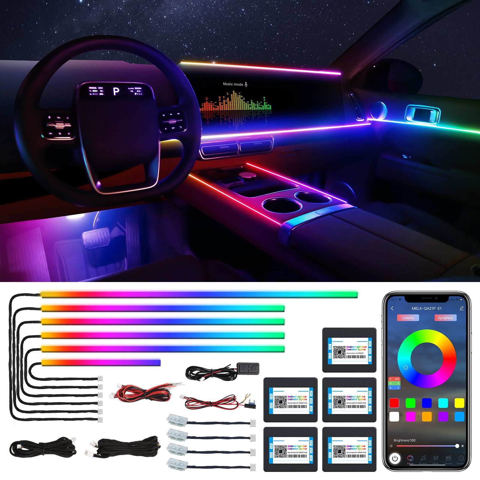 VGETTING Bande lumineuse LED en acrylique pour intérieur de voiture avec application sans fil, Couleur de rêve RVB 10 en 1 avec 175 po 600 LED