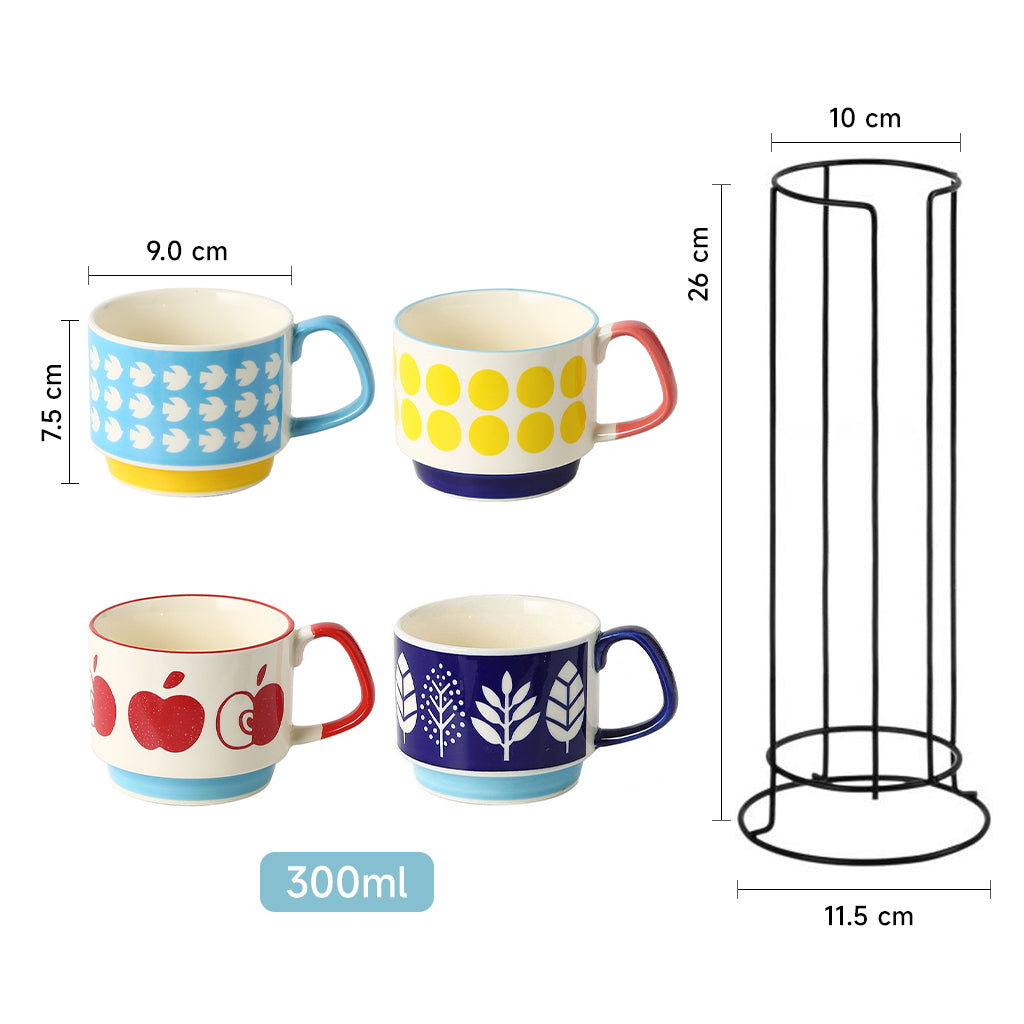 Lot de 4 tasses en céramique à motifs amusants, tasses à café colorées 300 ml (Pomme, Pois, Feuille, Rayure)