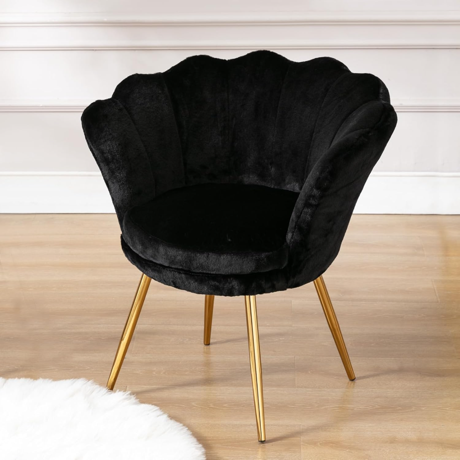 CHAIRUS Chaise d'appoint en velours en forme de pétale avec pieds dorés - Noir