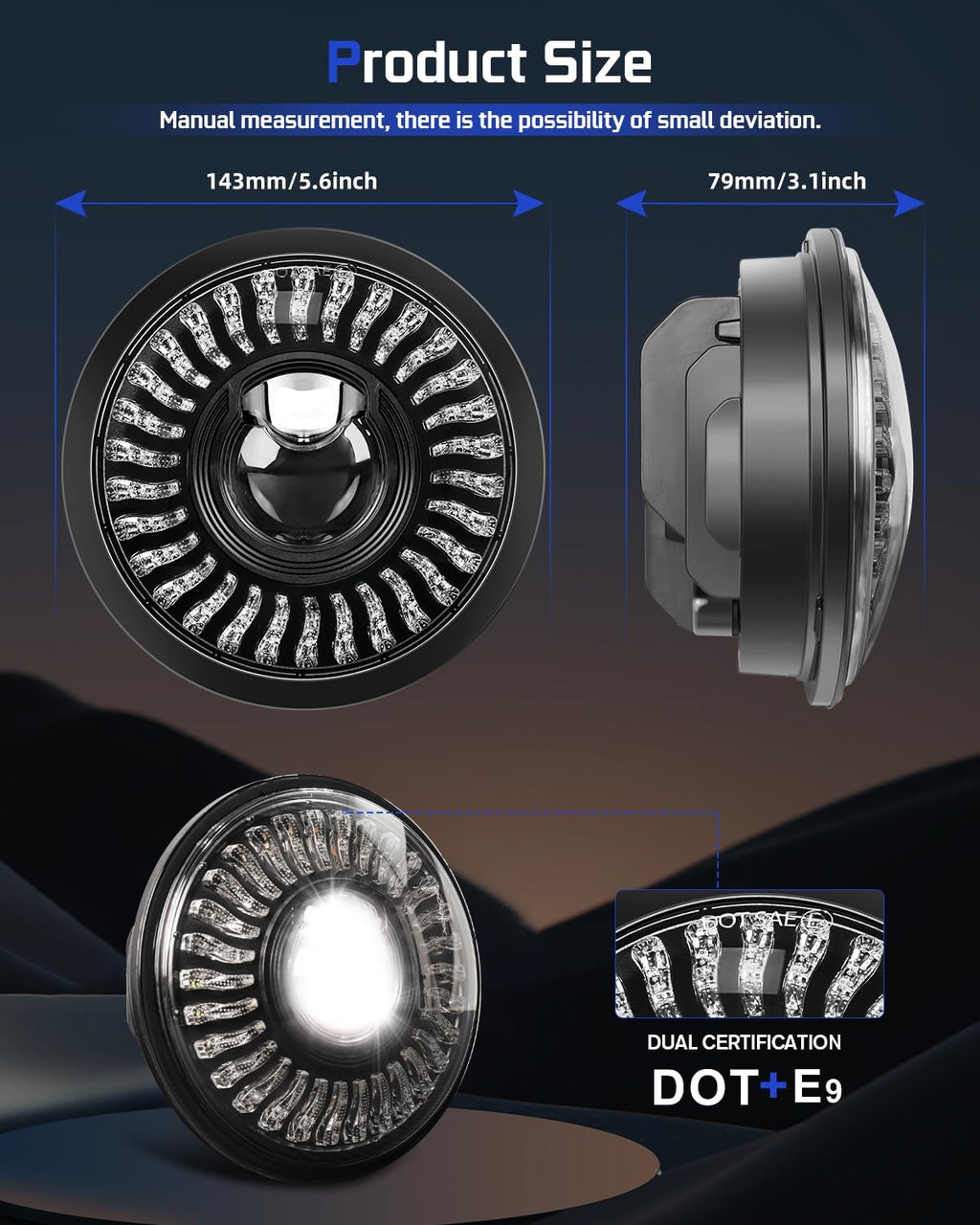 BraveWAY Phare avant de moto LED 5,75 pouces anti-éblouissement, phare rond de 5 3/4 pouces avec projecteur faisceau haut/bas, DRL blanc ambré