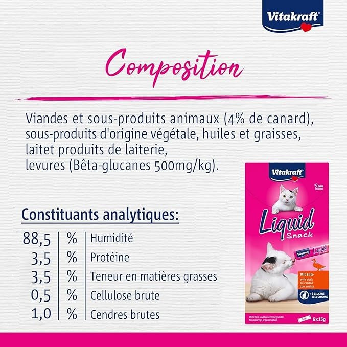 Vitakraft Snack liquide canard avec bêta-glucanes friandises pour chat - 6 x 15 g
