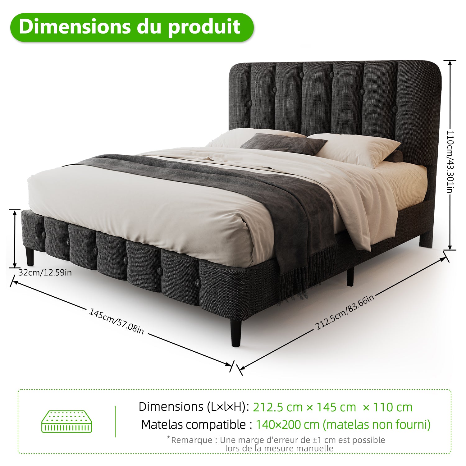 GTIMEX Lit capitonné 212,5 x 145 x 110 cm avec sommier à lattes, Capacité de charge statique : 390 kg, Lit double avec tête de lit rembourrée, Montage facile, Cadre robuste et tissu en lin de haute qualité, Gris foncé