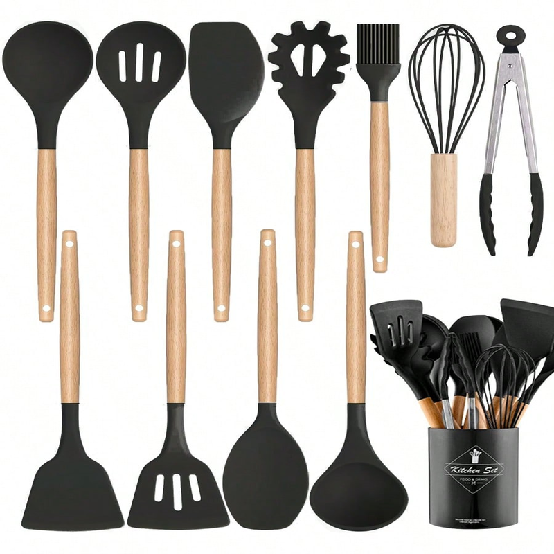 MEOKY Ensemble de 12 ustensiles de cuisine en silicone avec petit porte-objets - Noir