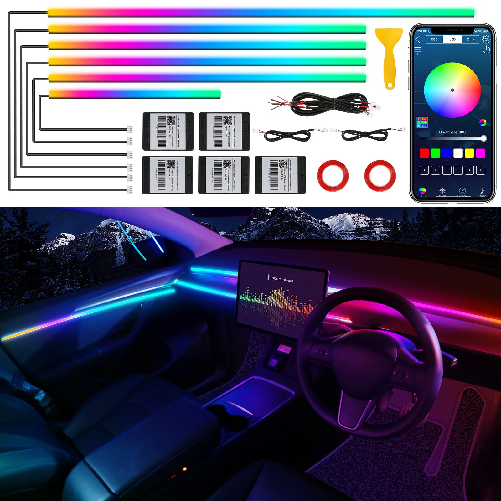 Dream+color Kit d’éclairage LED sans fil pour intérieur de voiture en acrylique, RGB 10-en-1 - 444,5 cm