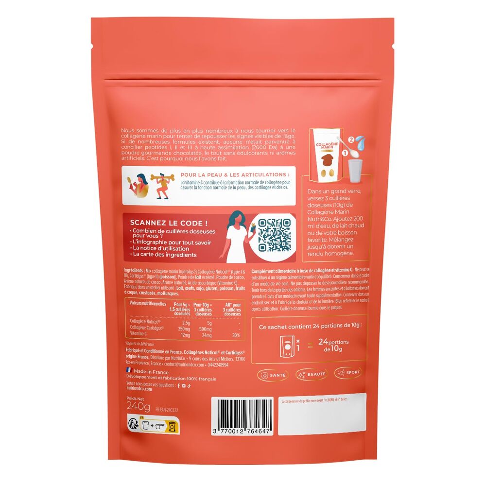 Nutri&Co Collagène marin type 1, 2 et 3 - goût cacao - 240 g