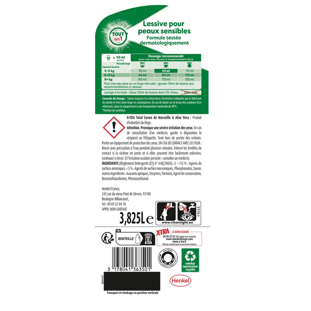 X-TRA Total 4+1 Lessive Liquide Savon de Marseille & Aloe Vera, 85 Lavages, 3,825 L