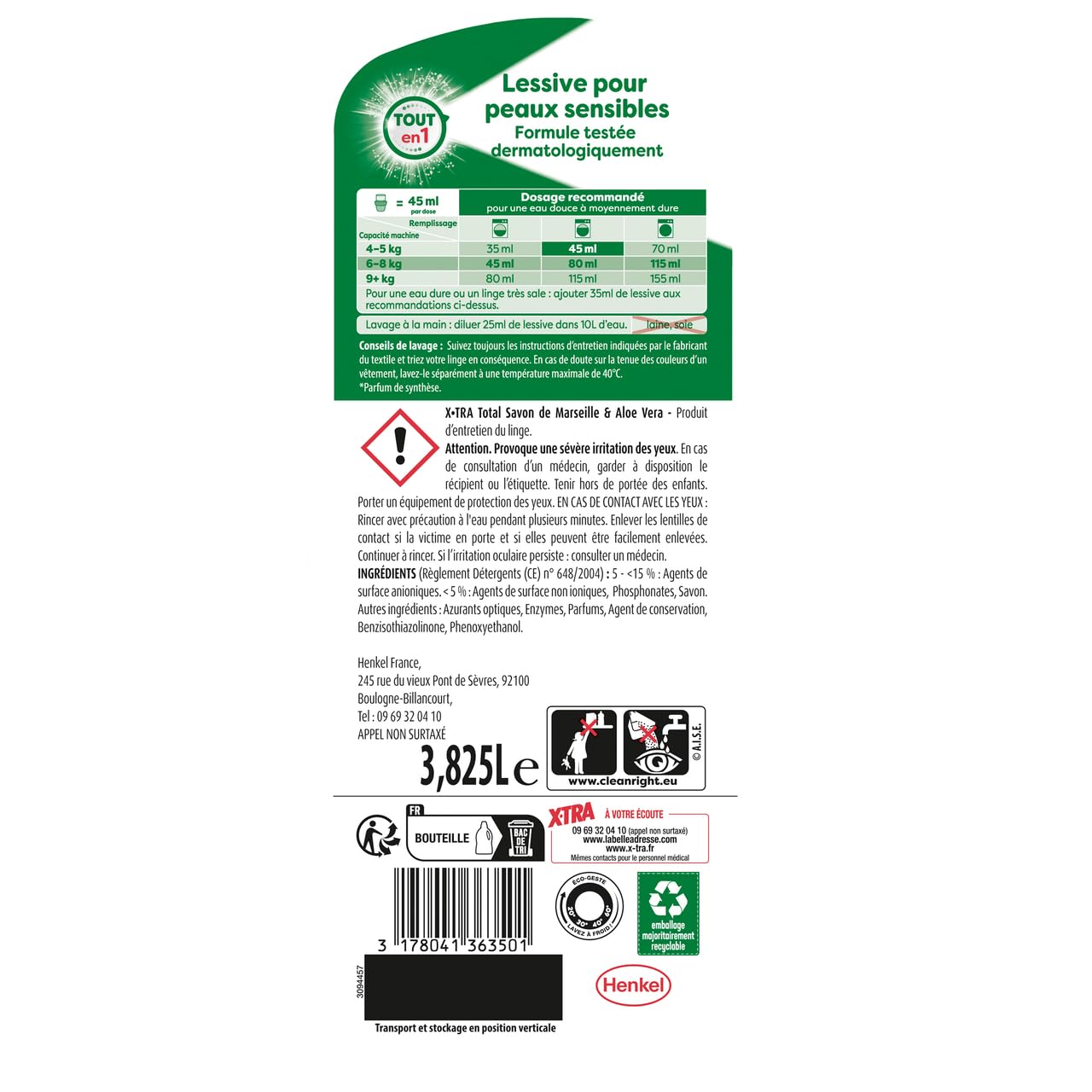 X-TRA Total 4+1 Lessive Liquide Savon de Marseille & Aloe Vera, 85 Lavages, 3,825 L