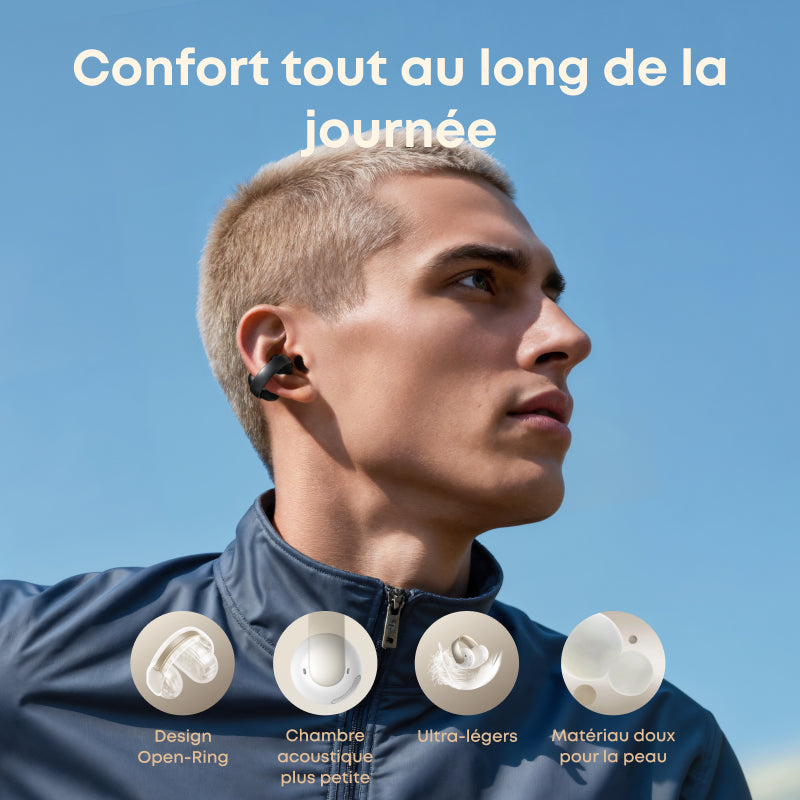 soundcore AeroClip, Écouteurs Bluetooth à oreille ouverte, Confort toute la journée, 4 microphones à IA, Maintien sûr, Transducteur 12 mm, Audio haute résolution, Conception en anneau ouvert