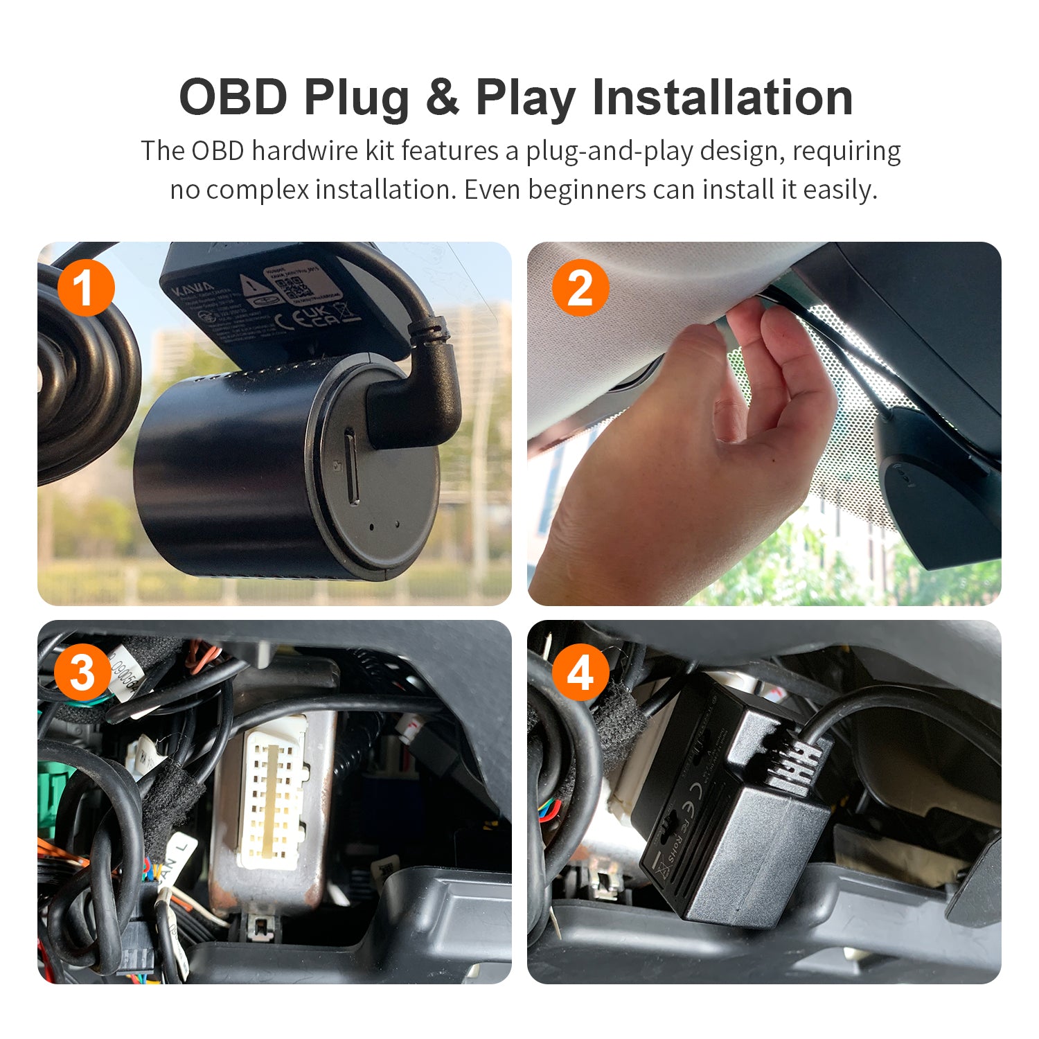 KAWA Câble d'alimentation OBD pour Dashcam, Kit d'adaptation OBD vers Type-C avec câblage direct, Mode stationnement 24/7, Protection contre les sous-tensions à 3 niveaux