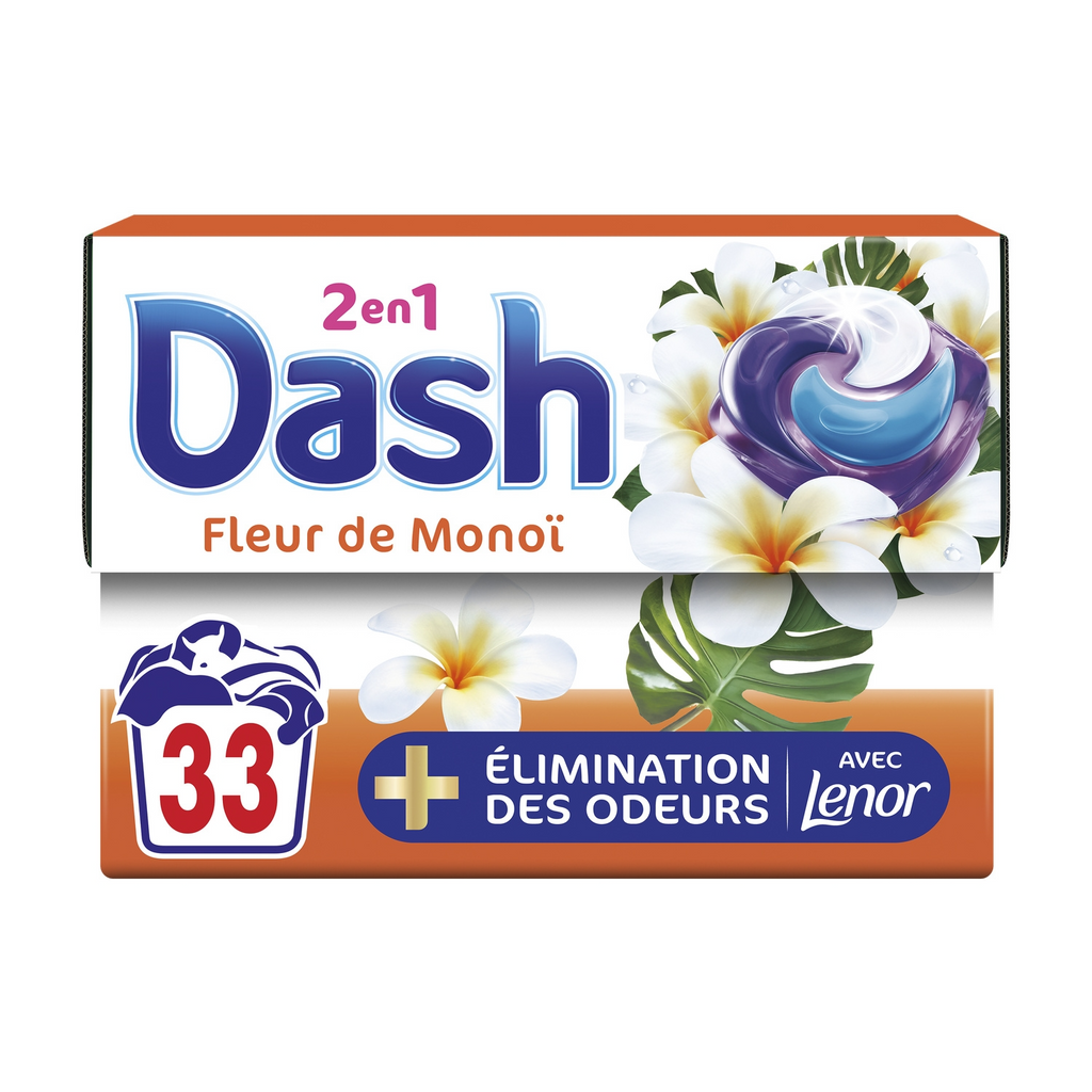 DASH Lessive Capsules Pods 2en1 Elimination des Odeurs Fleur de Monoi 33 capsules