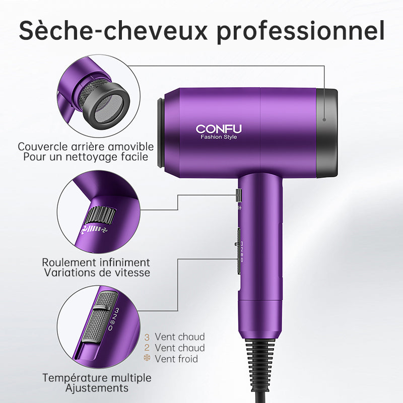 CONFU Sèche-cheveux à haute vitesse 3127 Violet, 2W RPM puissance 1800 W, Haute concentration d'ions négatifs, 2 embouts, Séchage rapide