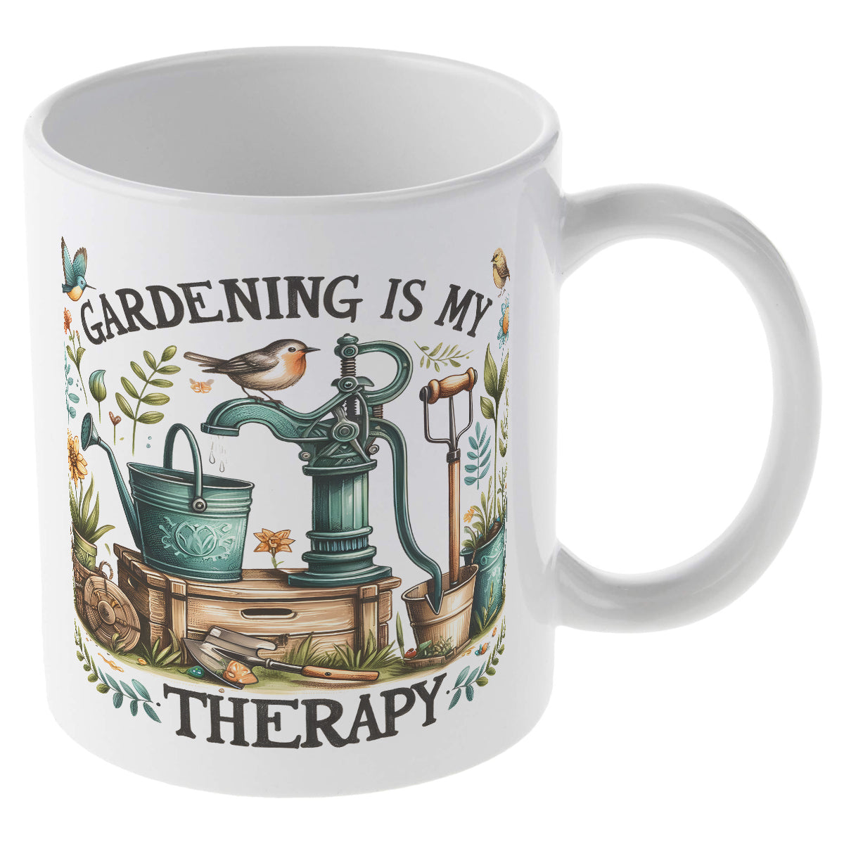 Alphynix Mug en céramique blanc 1 pièce 11 oz avec arrosoir, pelle et fleurs épanouies avec oiseau