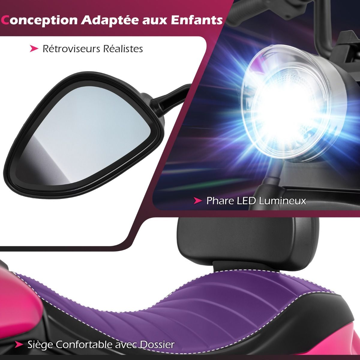 Moto électrique 6 V pour enfants, avec batterie rechargeable, moteur puissant, roues amovibles, démarrage à une touche, convient aux enfants de 3 ans et plus - Rose