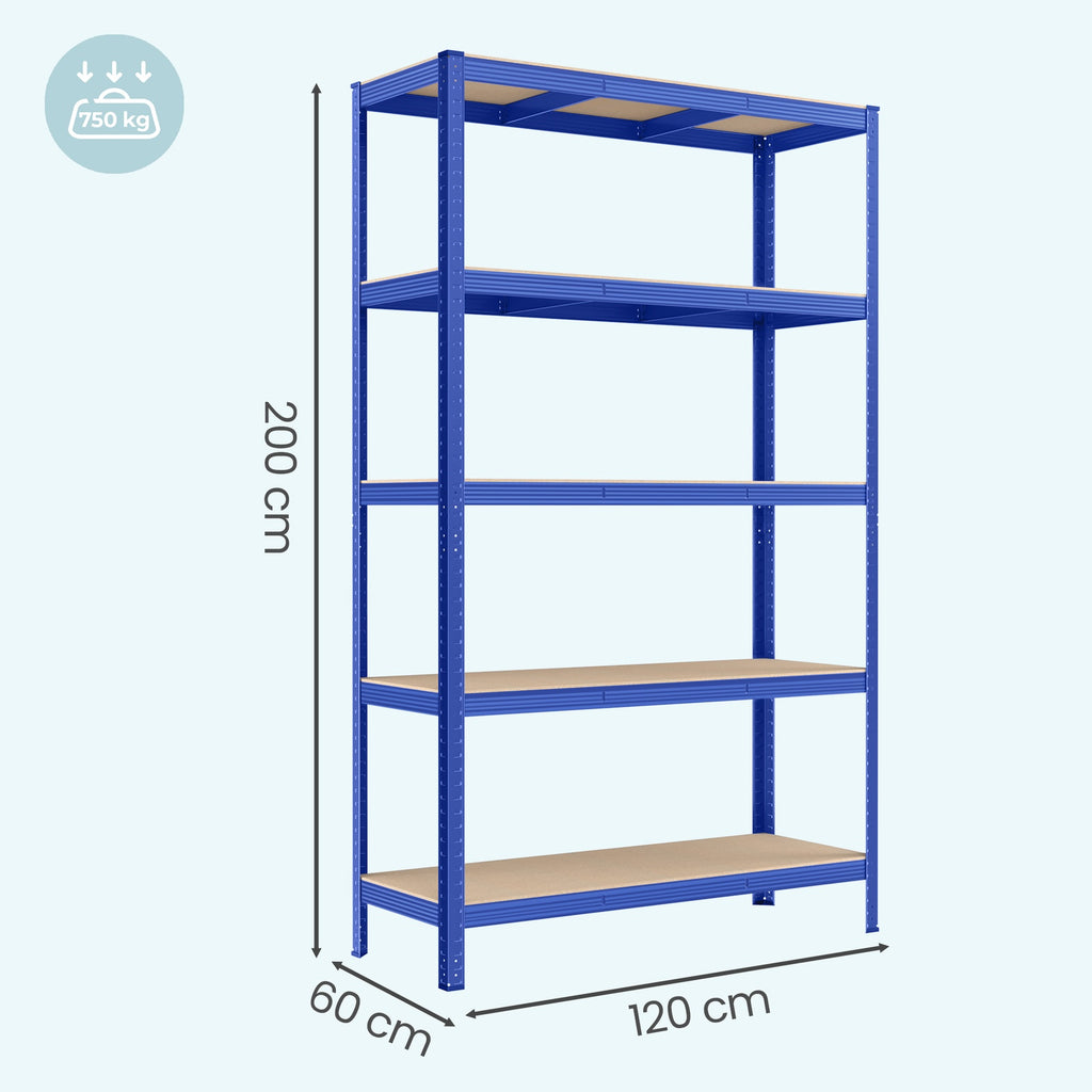 JOYFURNOS Étagère à 5 niveaux, Étagère de rangement en acier, Pour garage et abri, Capacité de charge 750 kg, Bleu