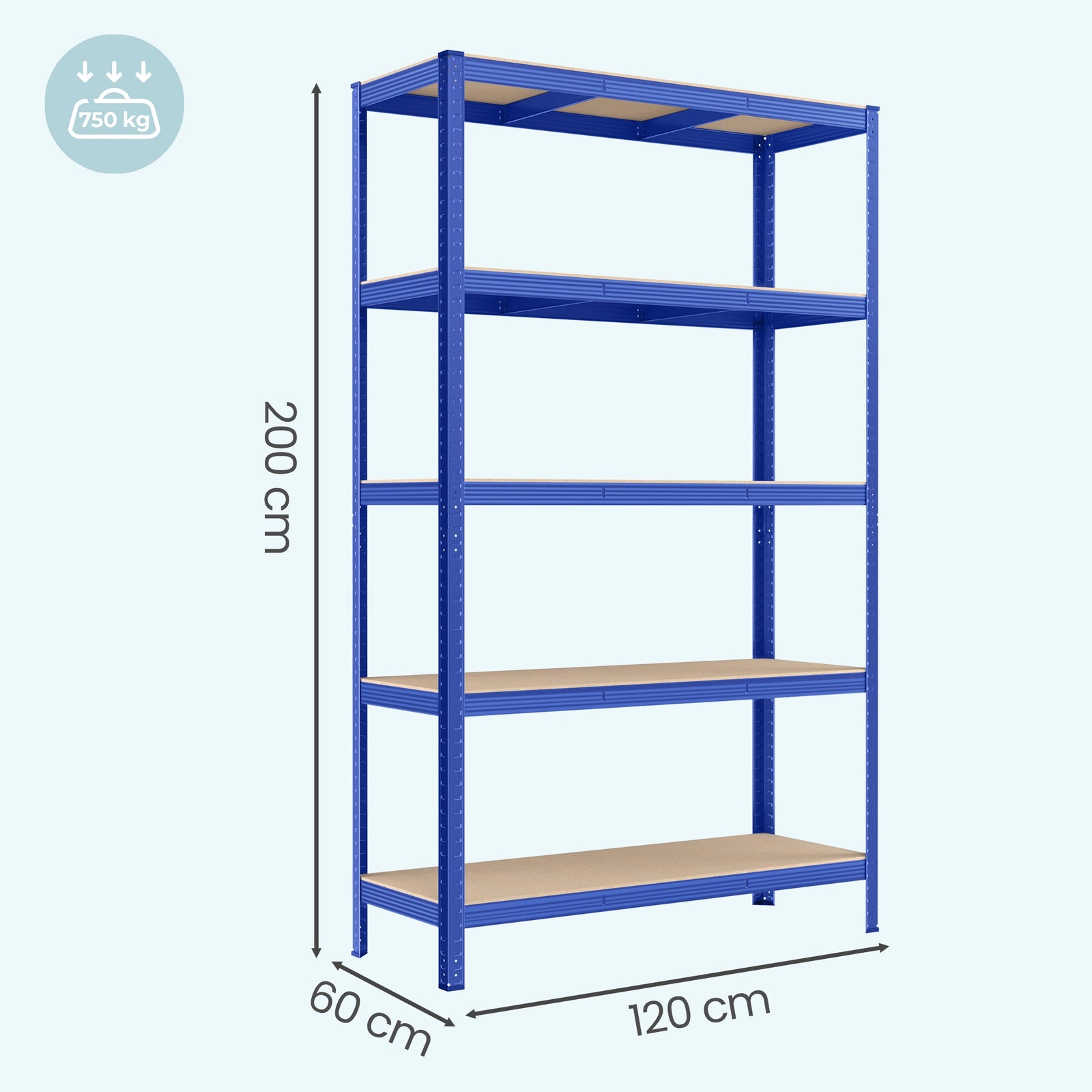 JOYFURNOS Étagère à 5 niveaux, Étagère de rangement en acier, Pour garage et abri, Capacité de charge 750 kg, Bleu