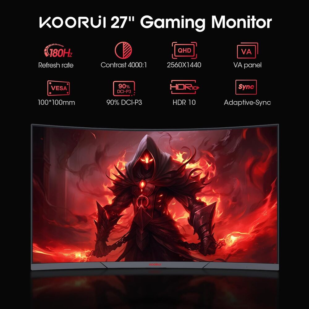 KOORUI Moniteur de jeu incurvé QHD 27 pouces, 2560*1440, 180 Hz 1 ms, DCI-P3 85 %, Inclinaison réglable, HDMI/DP, MG27A12QV3