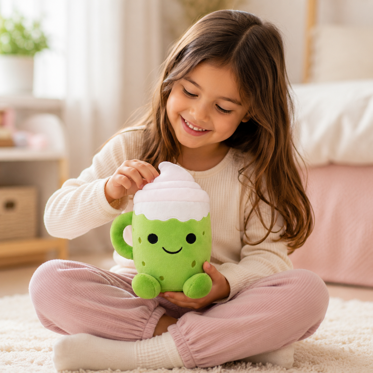 Flooffees Mug en peluche vert de Londres – Jouet kawaii mignon avec nappage à la crème fouettée, 25 cm, compagnon de bureau câlin, décoration de chambre et cadeau pour enfants