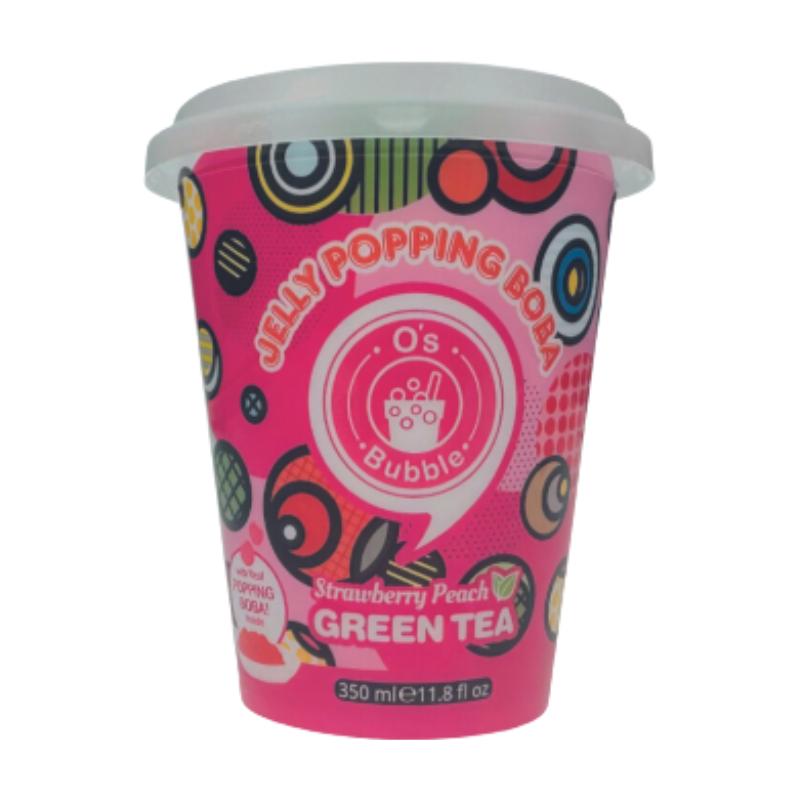 O's Bubble Gobelet de thé aux perles avec perles de jus éclatantes fraise et pêche 350 ml