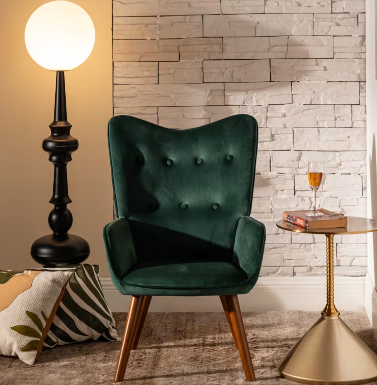 URBAN MEUBLE Fauteuil Velours vert Pieds en bois Confortable