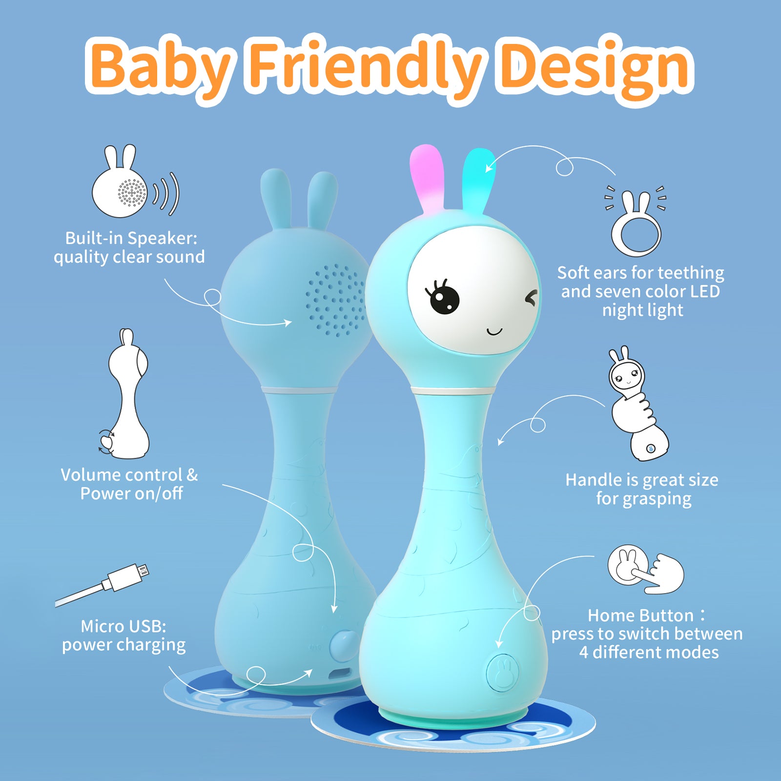 ALILO Hochet musical lumineux pour bébé 0+ mois avec 5 modes musicaux et fonction de reconnaissance des couleurs avec 9 cartes - Bleu
