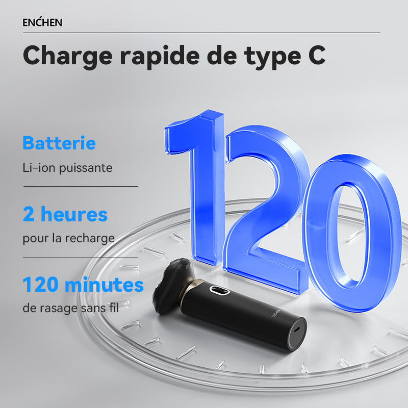Rasoir électrique rotatif ENCHEN BlackStone 6 pour hommes, avec lames flottantes 3D et rechargeable via USB Type-C, 1 pièce.