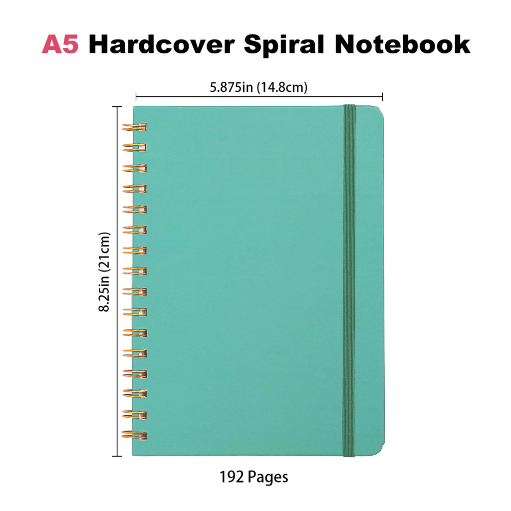 Jubiluu Carnet ligné A5 à spirales et couverture rigide - 96 feuilles (papier offset 100 g), avec élastique - Journal ligné crème classique pour écriture, école, bureau et cadeaux - Vert pin