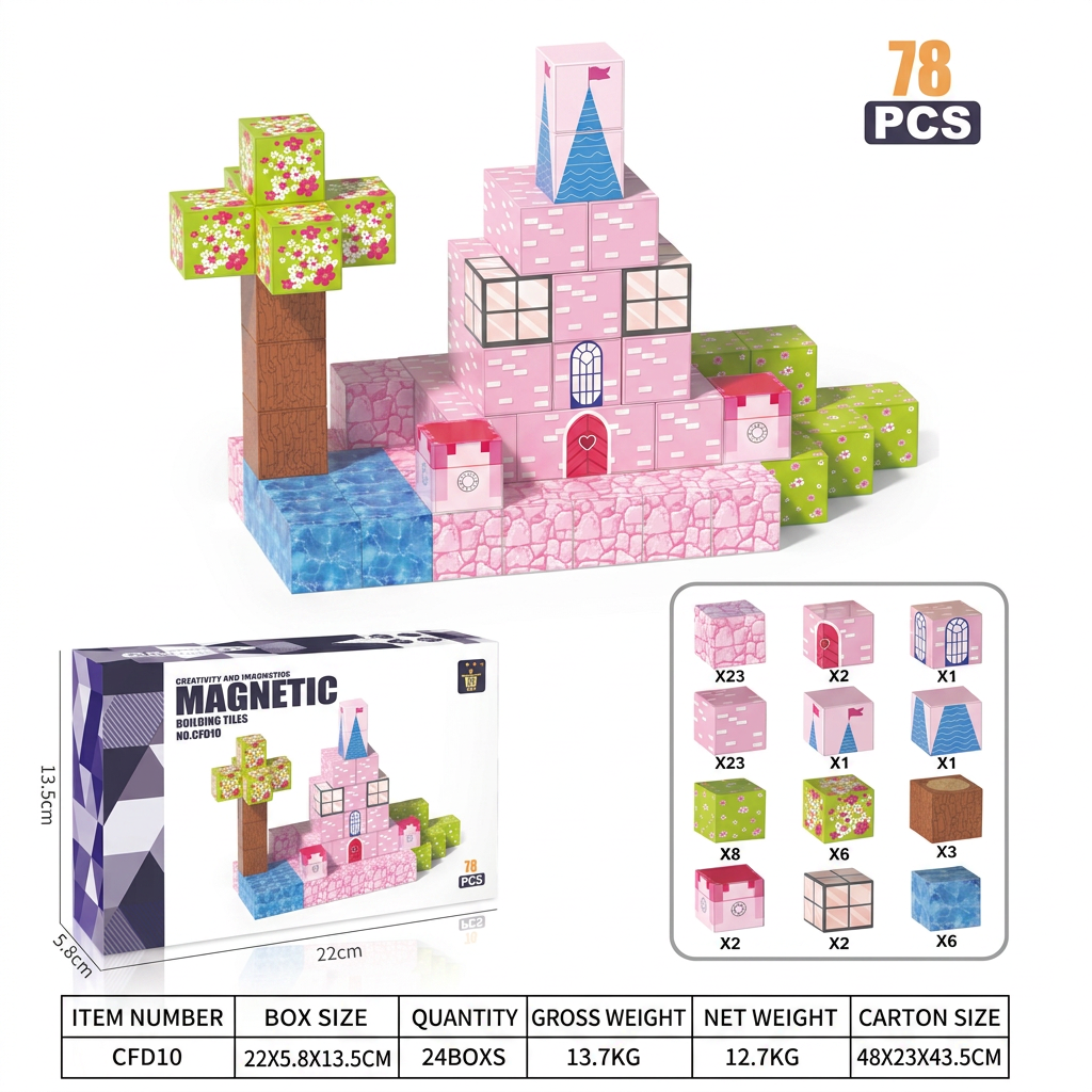 XINQIYUAN Jouet éducatif ensemble de blocs de construction magnétiques Monde château rose 2,5 cm 78 pièces [Mélange aléatoire – Couleurs de l’image principale uniquement]